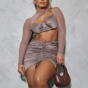 PrettyLittleThing Shape Taupe Satin Cut Out Ruched Mesh Overlay Bodycon, Size 4 